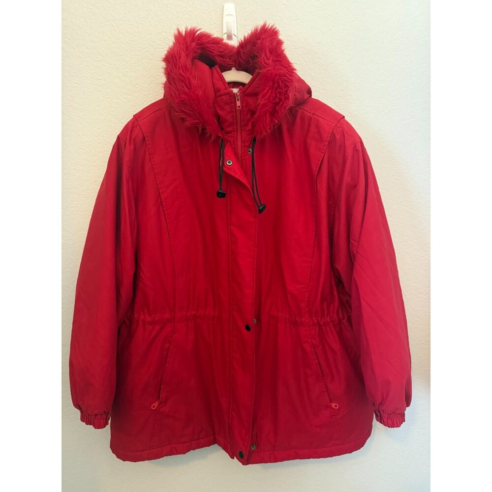 Collezione Basic Red Faux Fur Hooded Jacket Coat Cinched Waist XXL 2XL
